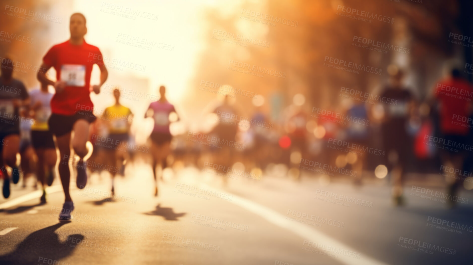 Buy stock photo Group of marathon runners in the city. Low angle view of runners in competition