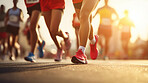 Group of marathon runners in the city. Low angle view of runners in competition