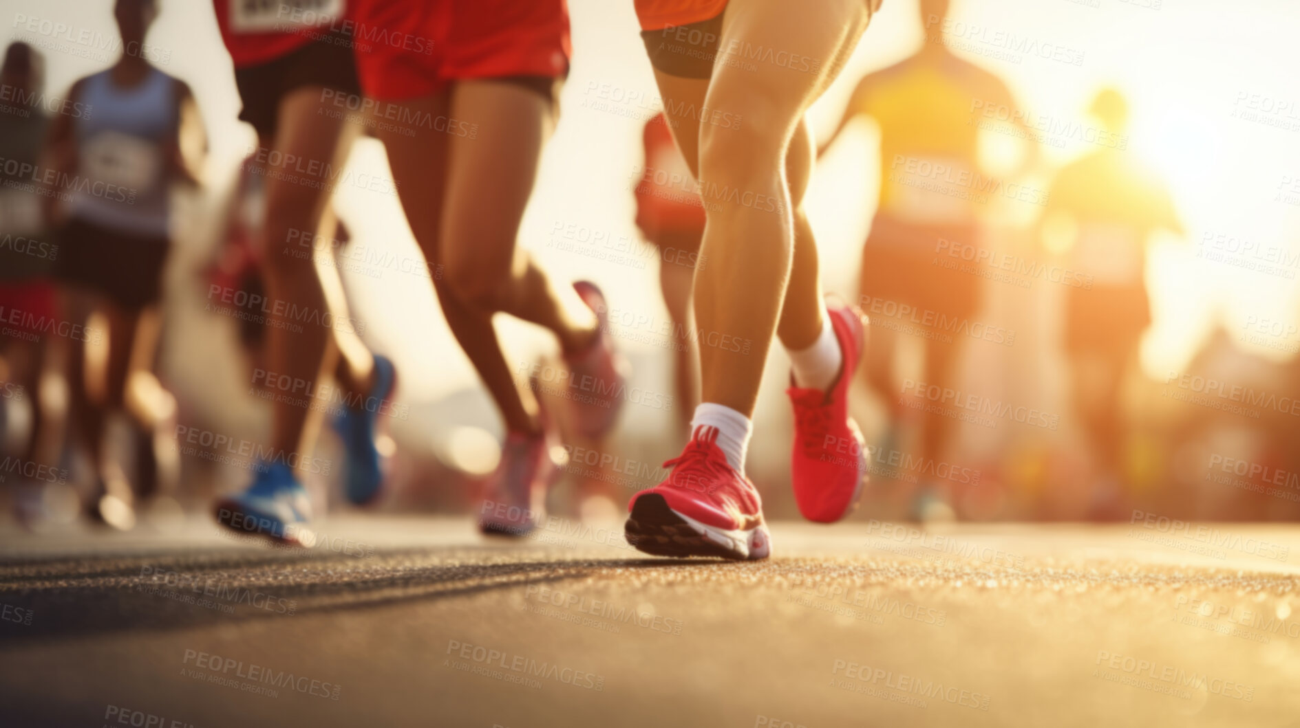 Buy stock photo Group of marathon runners in the city. Low angle view of runners in competition