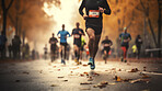 Group of marathon runners in the city. Low angle view of runners in competition