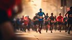 Group of marathon runners in the city. Low angle view of runners in competition