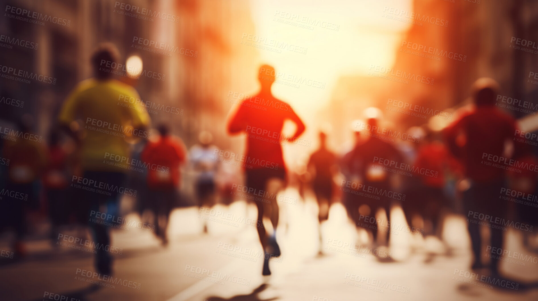 Buy stock photo Group of marathon runners in the city. Low angle view of runners in competition