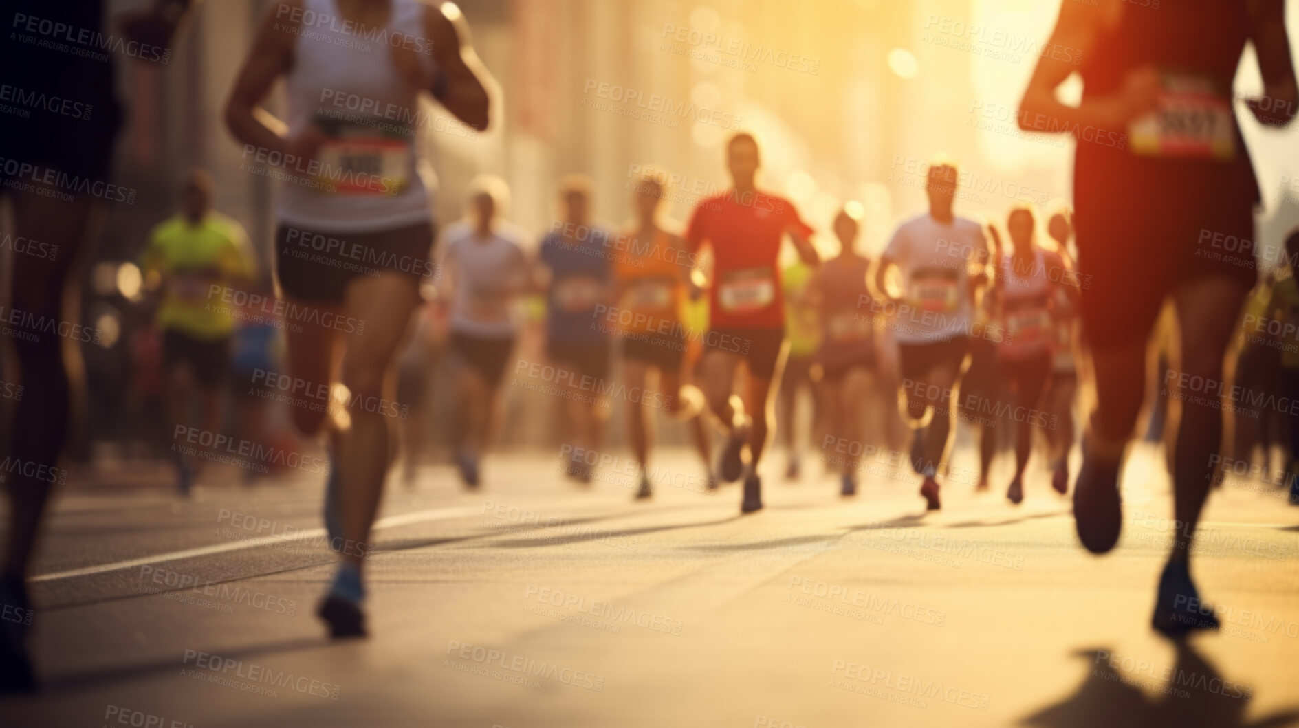 Buy stock photo Group of marathon runners in the city. Low angle view of runners in competition