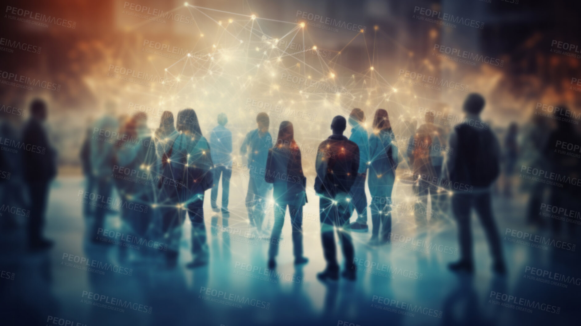 Buy stock photo View of a crowd with a network of connections. Big data, smart city, wifi concept.