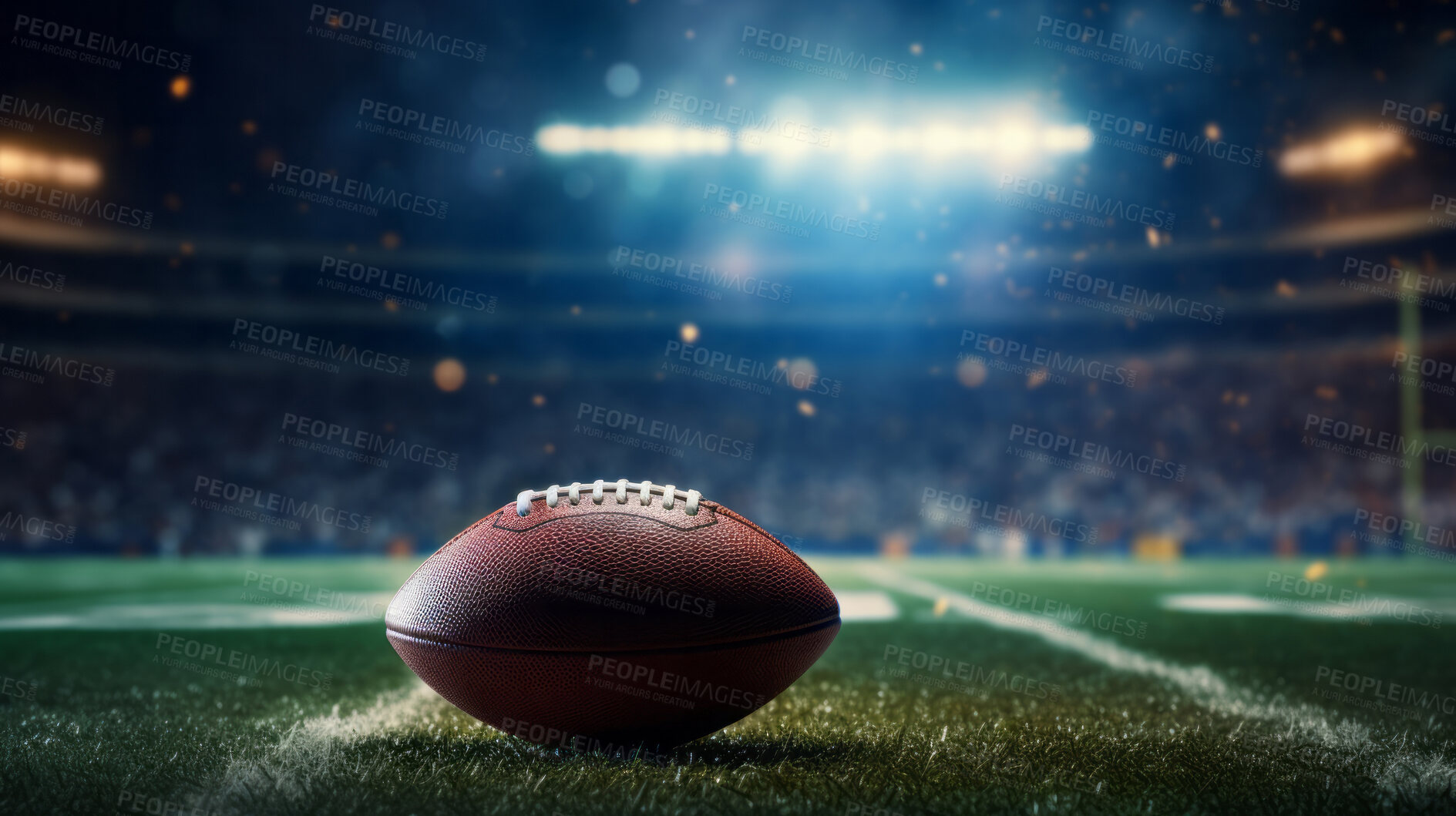 Buy stock photo Stadium lights on green grass field with ball. Football  sport game copyspace background