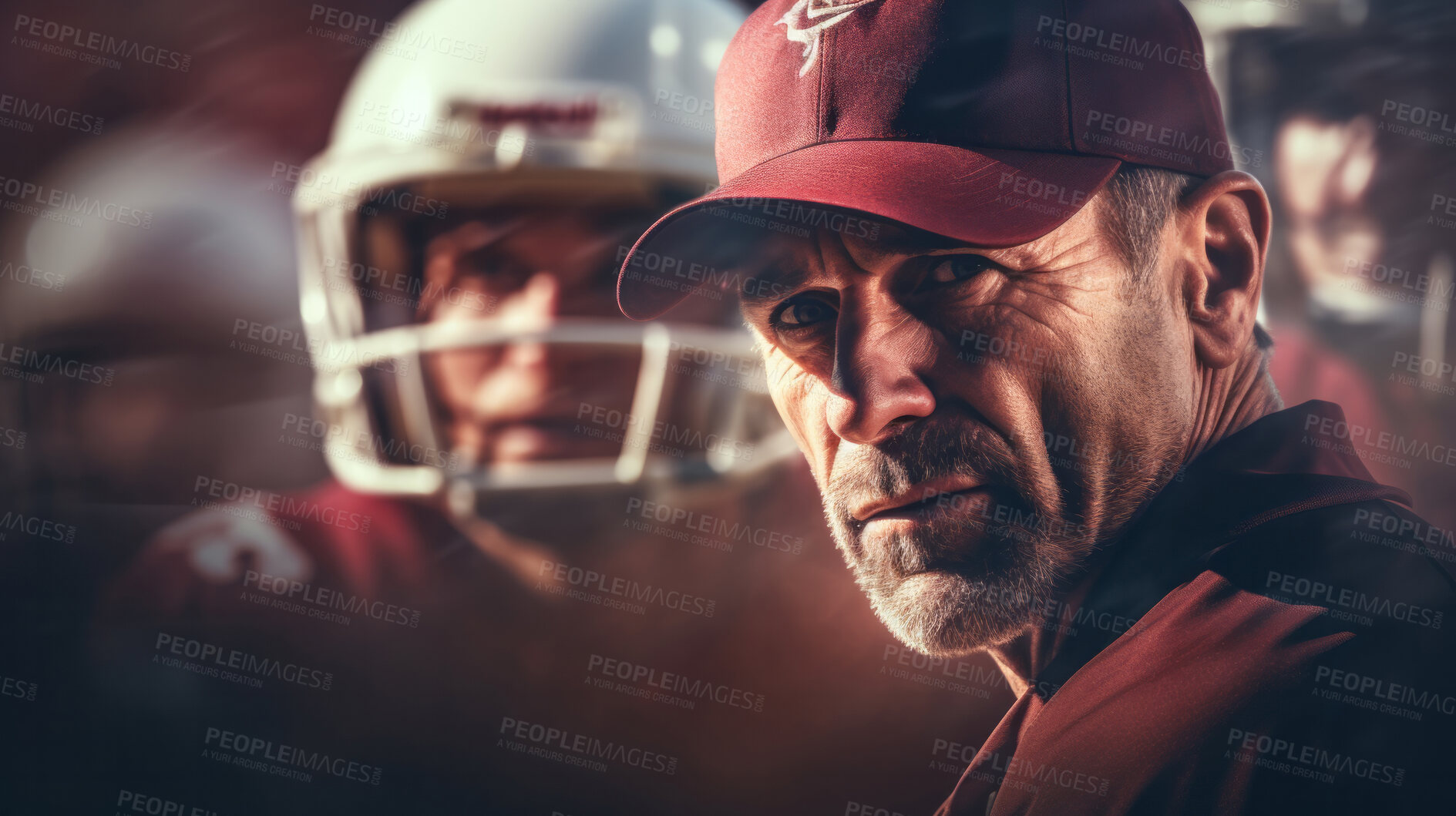 Buy stock photo Football coach discussing strategy with players together. Professional instructing, teaching concept