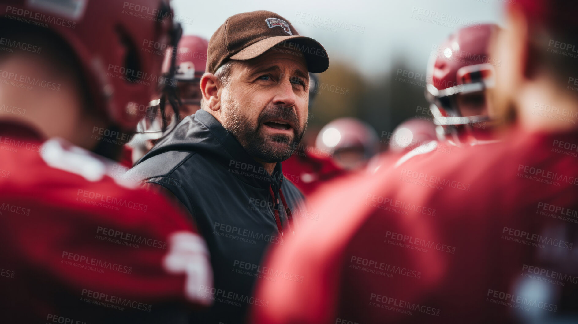 Buy stock photo Football coach discussing strategy with players together. Professional instructing, teaching concept