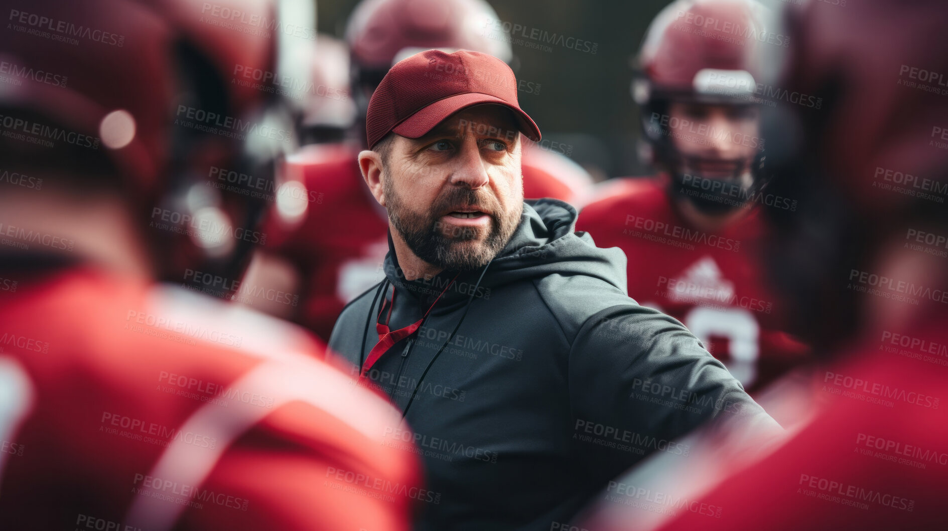 Buy stock photo Football coach discussing strategy with players together. Professional instructing, teaching concept