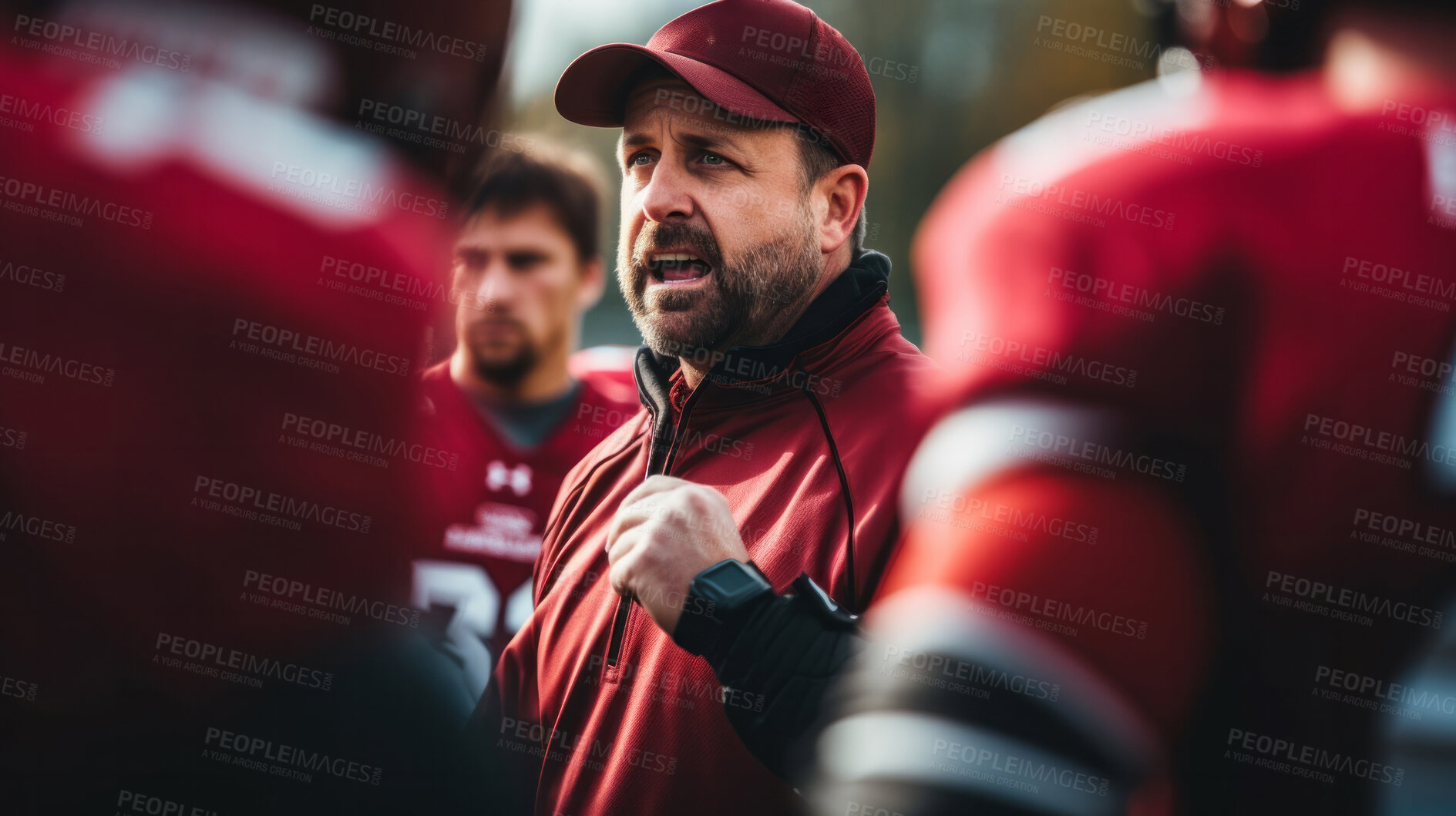 Buy stock photo Football coach discussing strategy with players together. Professional instructing, teaching concept