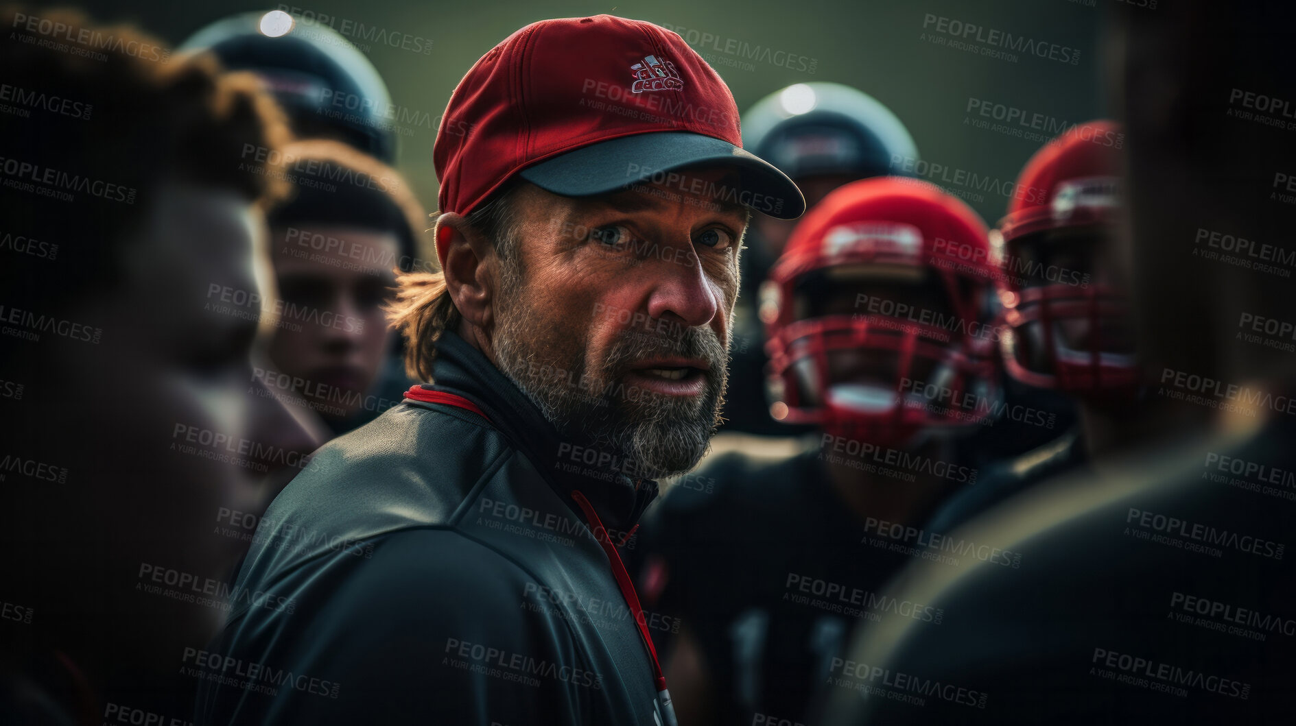 Buy stock photo Football coach discussing strategy with players together. Professional instructing, teaching concept