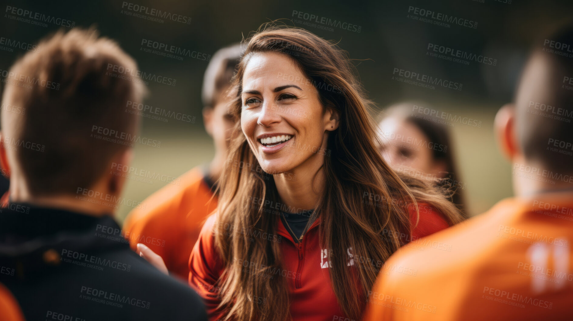 Buy stock photo Football coach discussing strategy with players together. Professional instructing, teaching concept