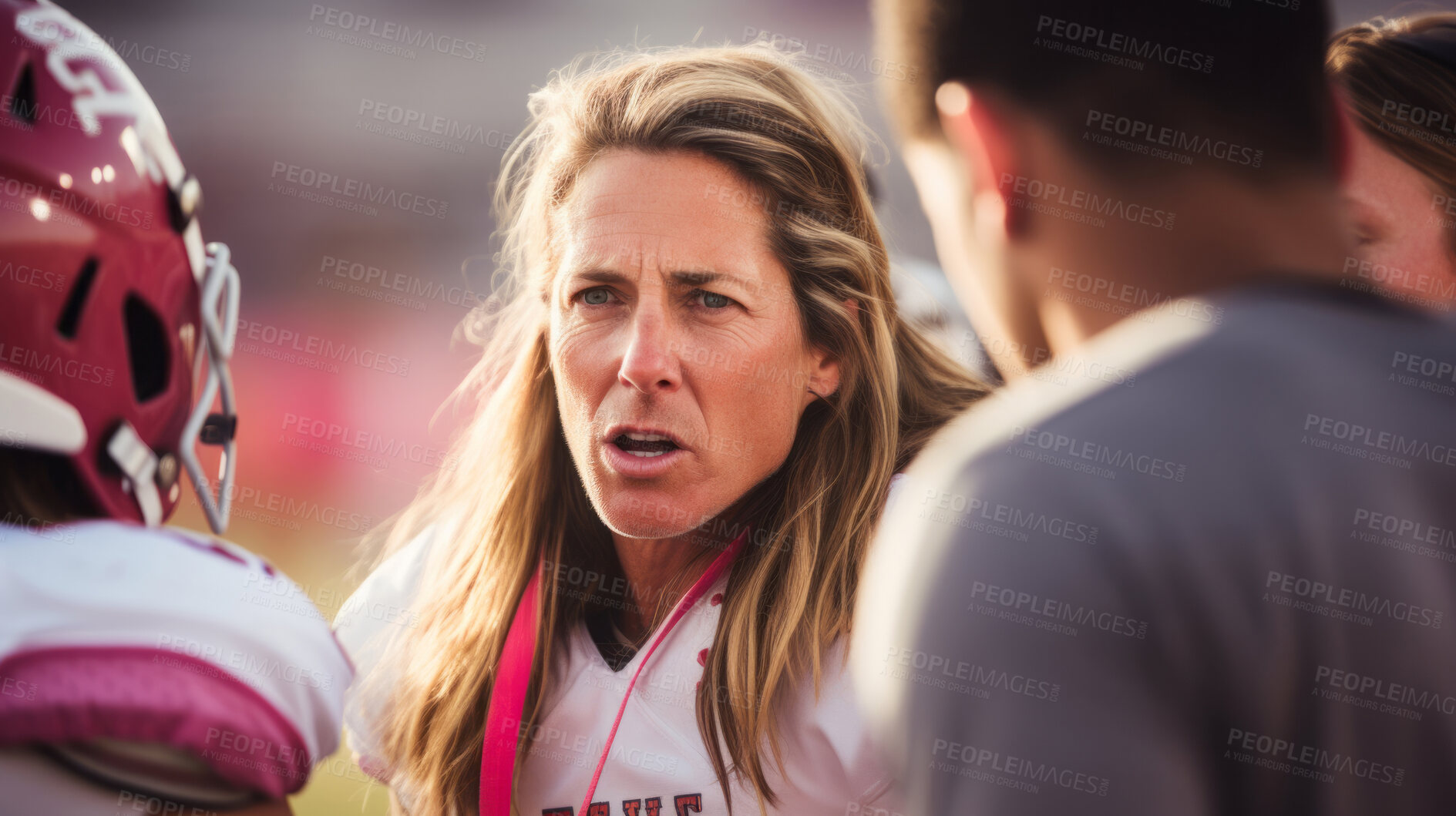 Buy stock photo Football coach discussing strategy with players together. Professional instructing, teaching concept