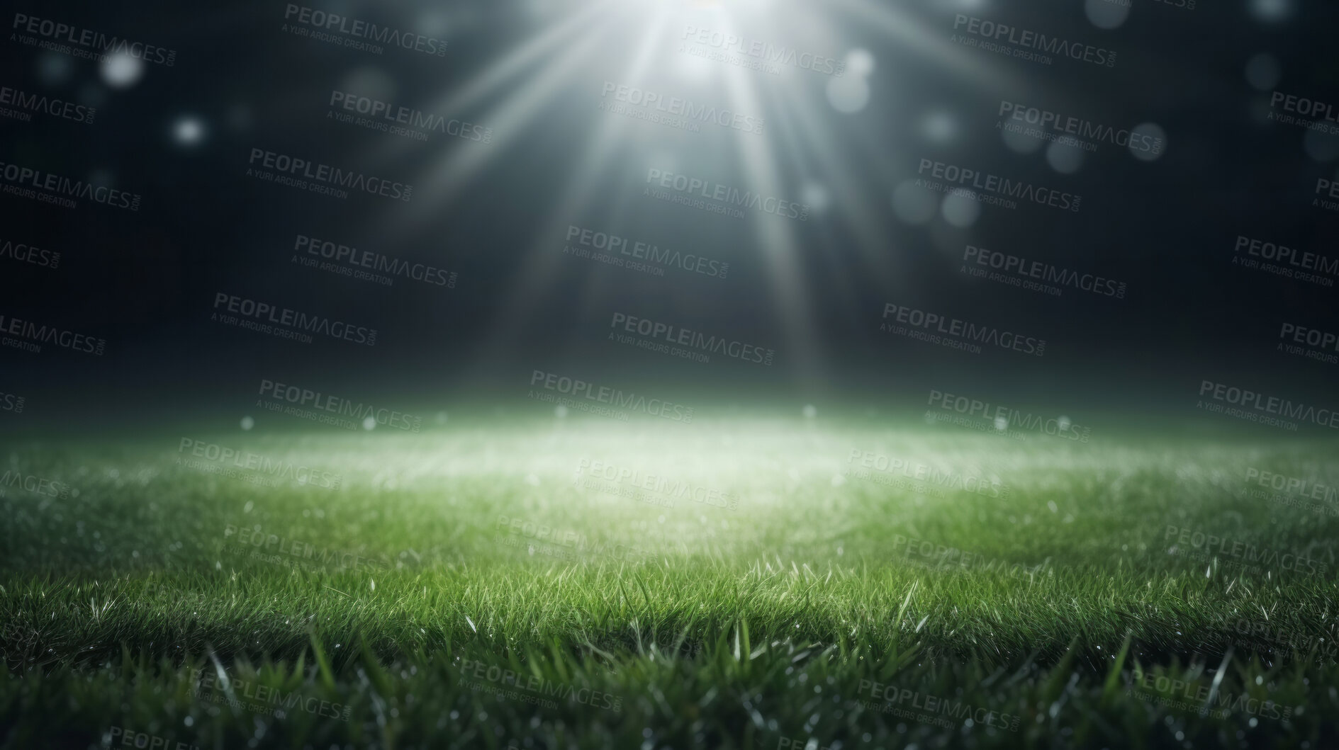 Buy stock photo Stadium lights on empty green grass field. Football, soccer sport game copyspace background