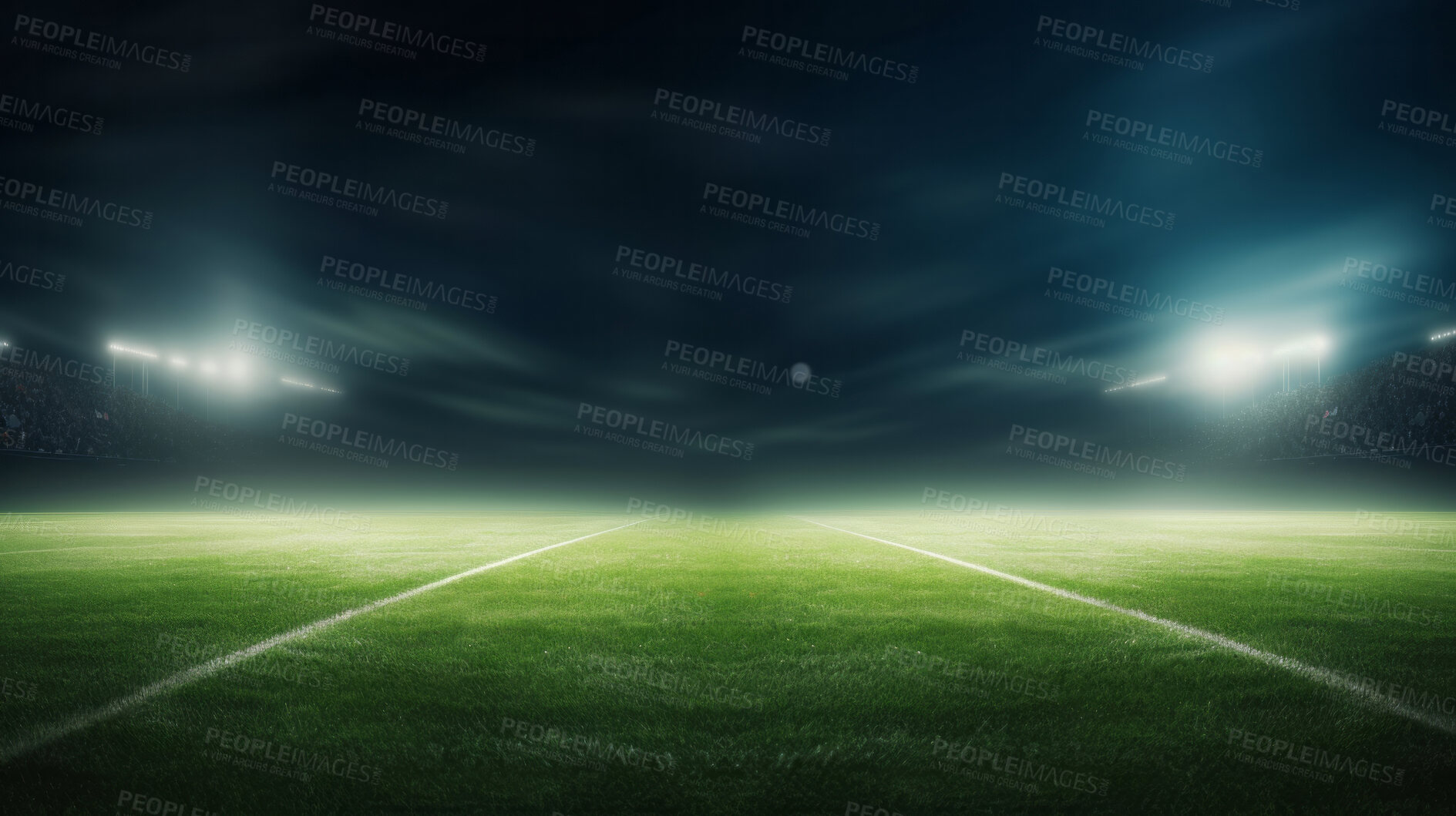 Buy stock photo Stadium lights on empty green grass field. Football, soccer sport game copyspace background