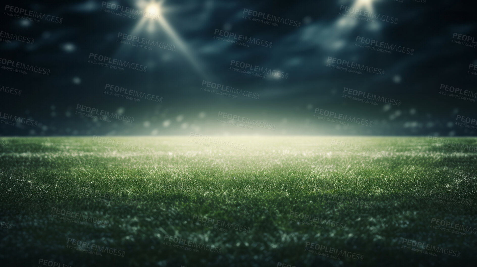 Buy stock photo Stadium lights on empty green grass field. Football, soccer sport game copyspace background