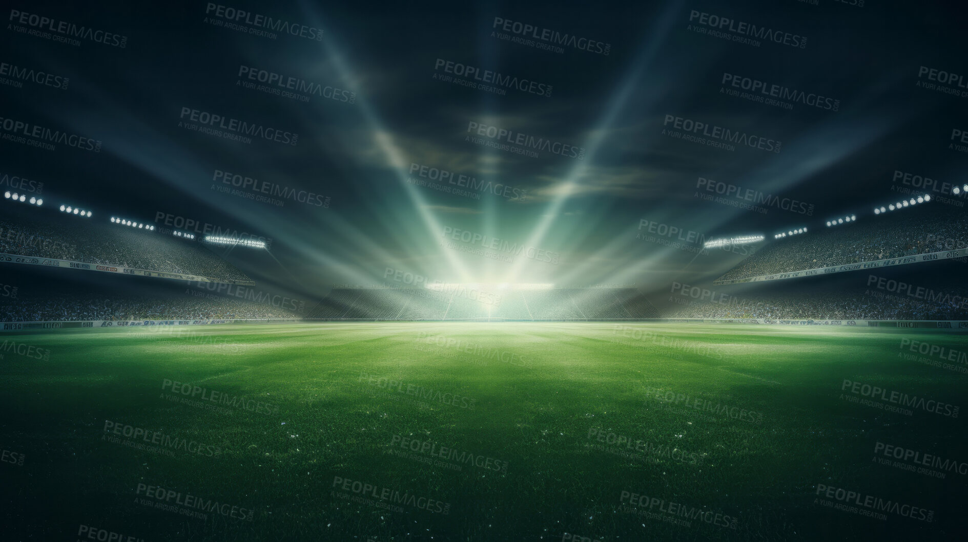 Buy stock photo Stadium lights on empty green grass field. Football, soccer sport game copyspace background