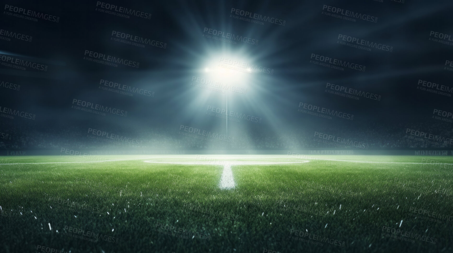 Buy stock photo Stadium lights on empty green grass field. Football, soccer sport game copyspace background