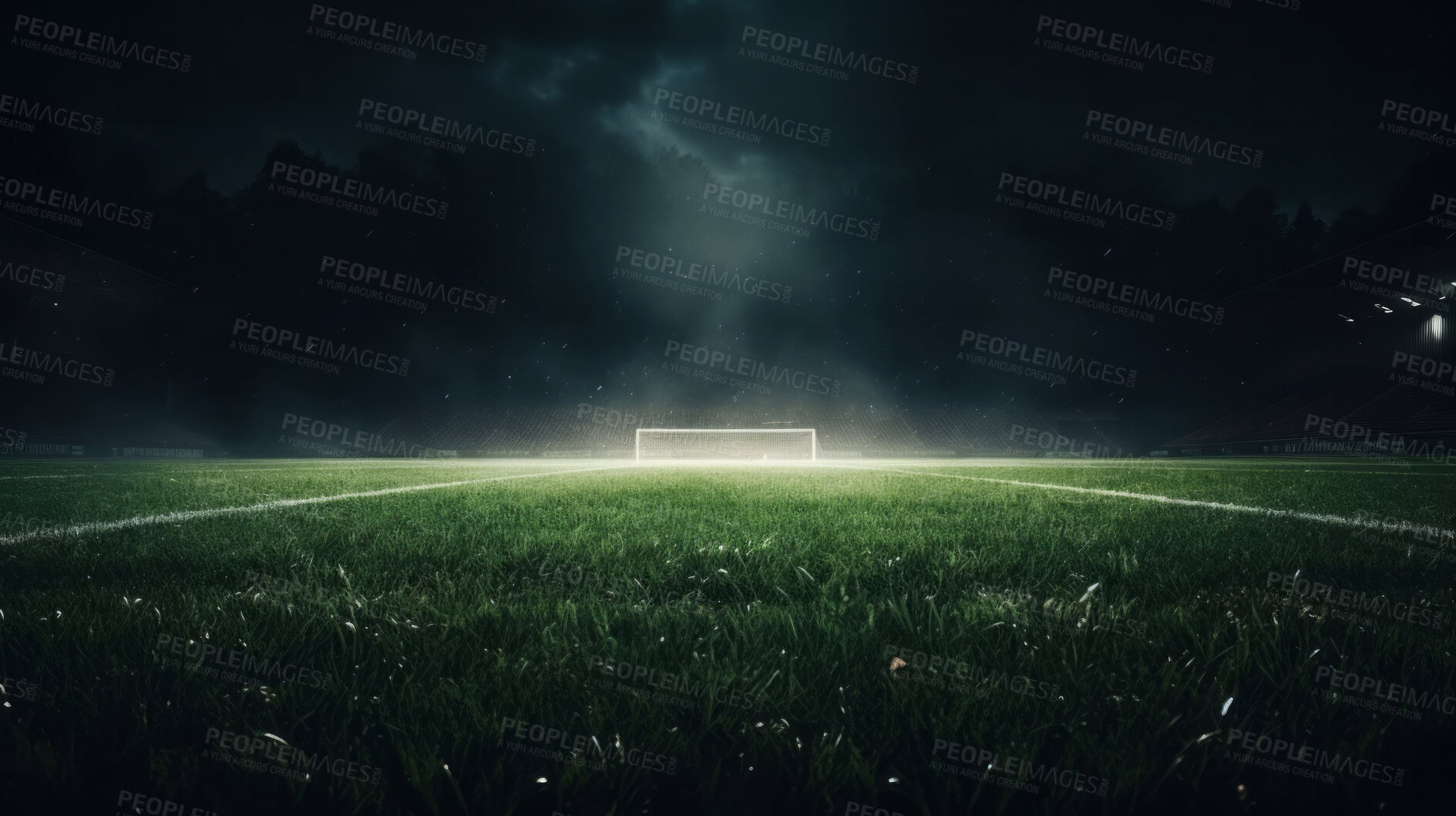 Buy stock photo Stadium lights on empty green grass field. Football, soccer sport game copyspace background