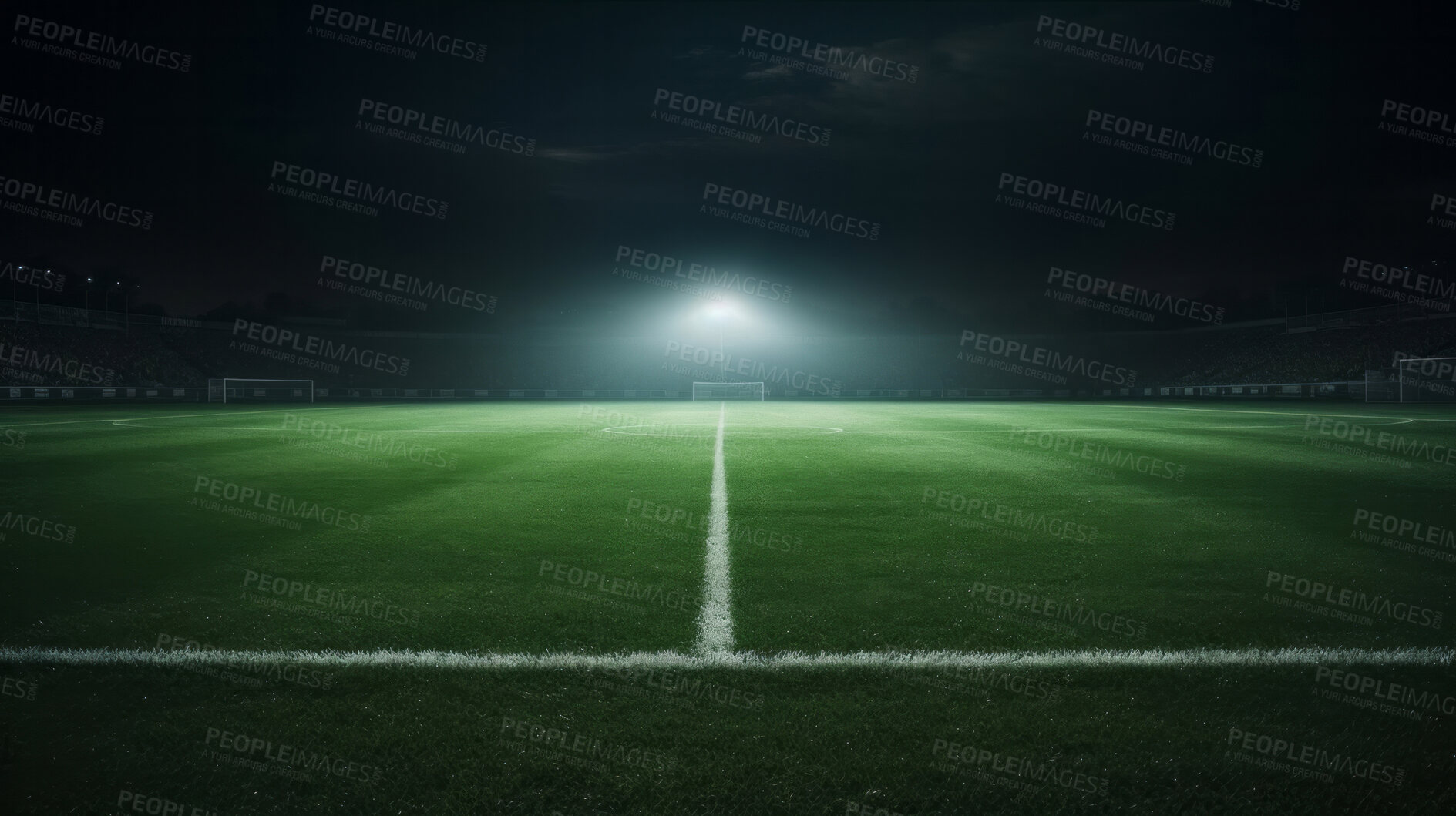 Buy stock photo Stadium lights on empty green grass field. Football, soccer sport game copyspace background