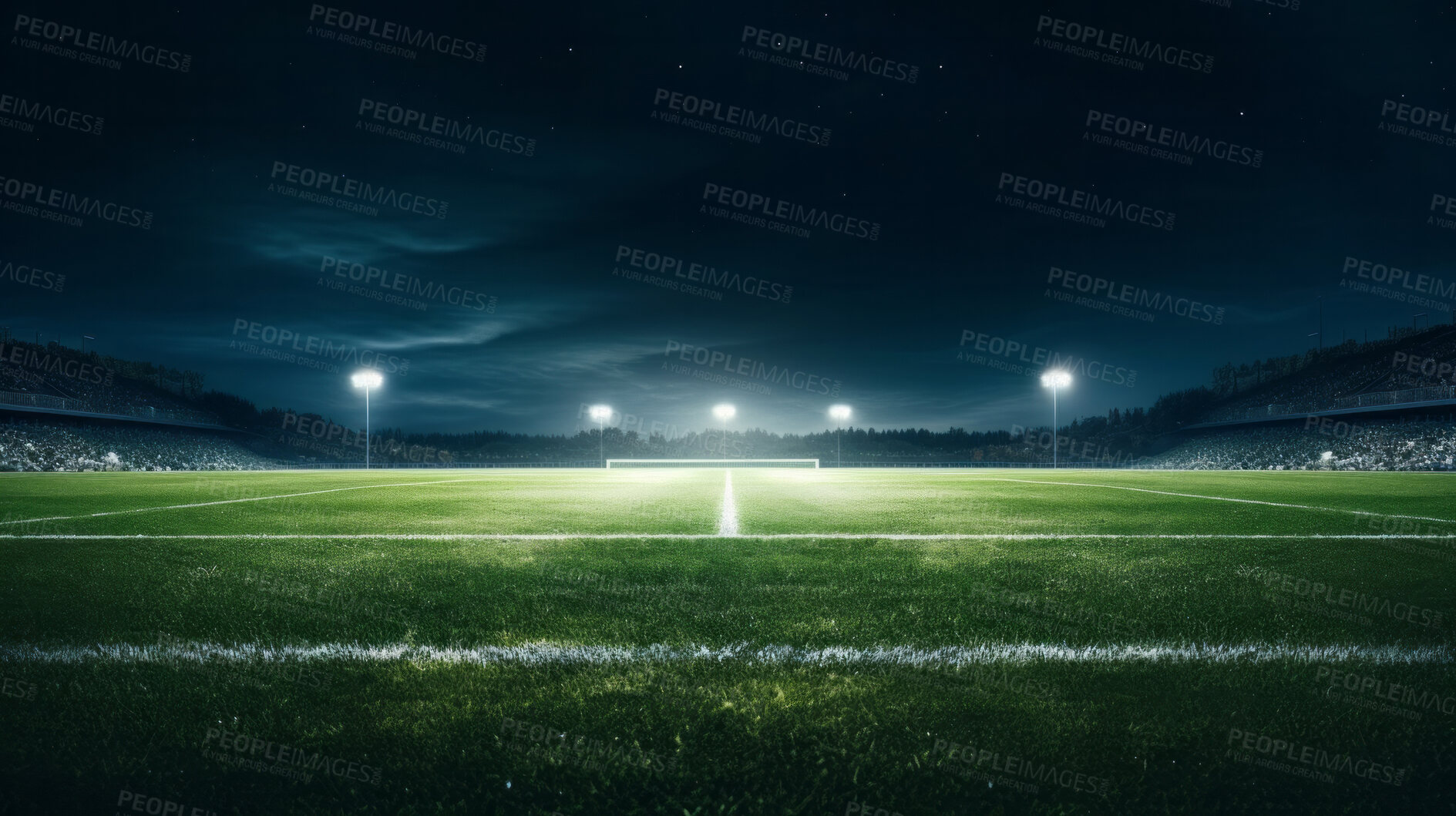 Buy stock photo Stadium lights on empty green grass field. Football, soccer sport game copyspace background