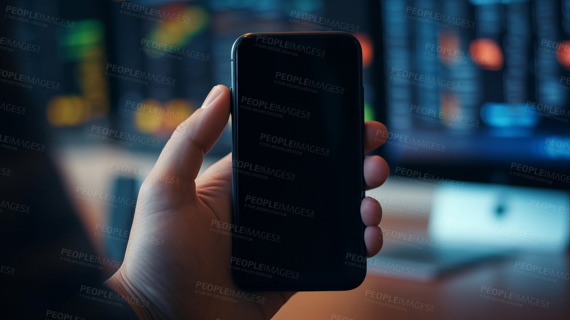 Buy stock photo Businessman check cellphone. Blank screen for stock exchange data or design