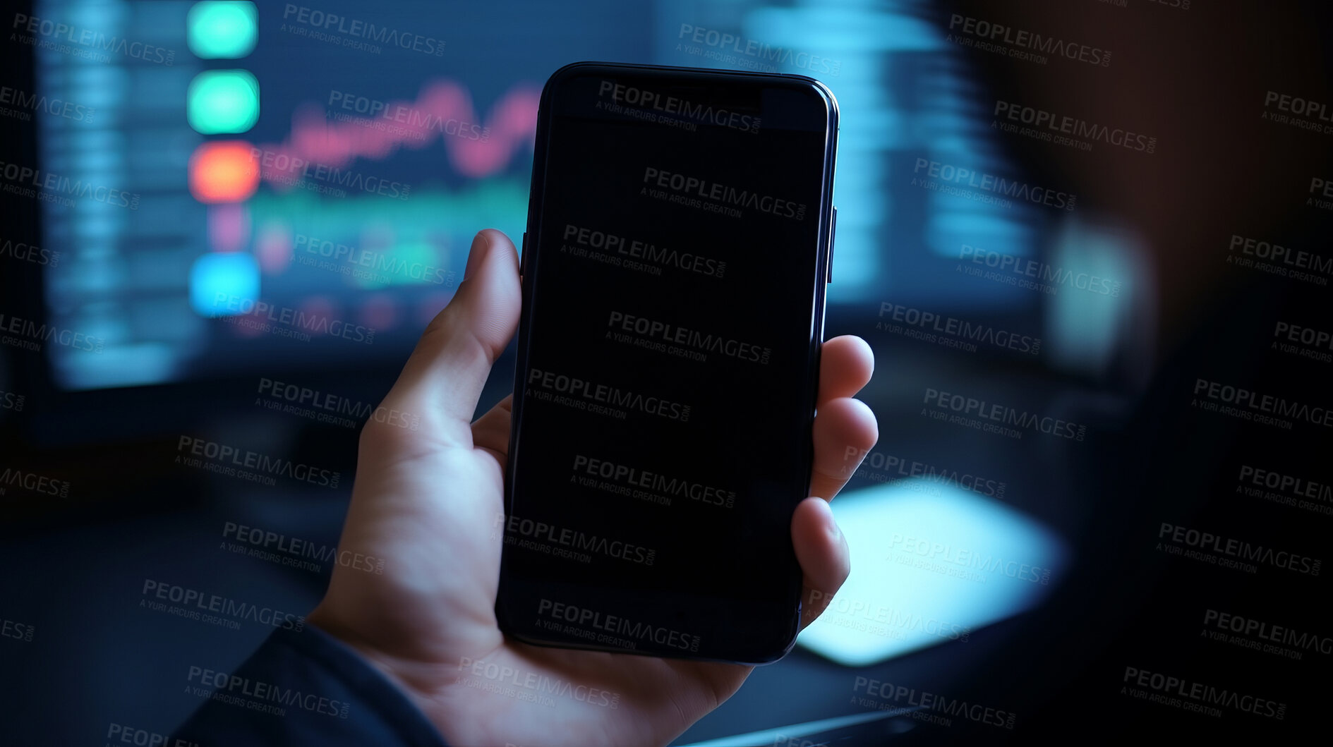 Buy stock photo Businessman check cellphone. Blank screen for stock exchange data or design