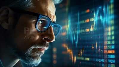 Close up of stock market trader. Stock exchange hologram with dark background