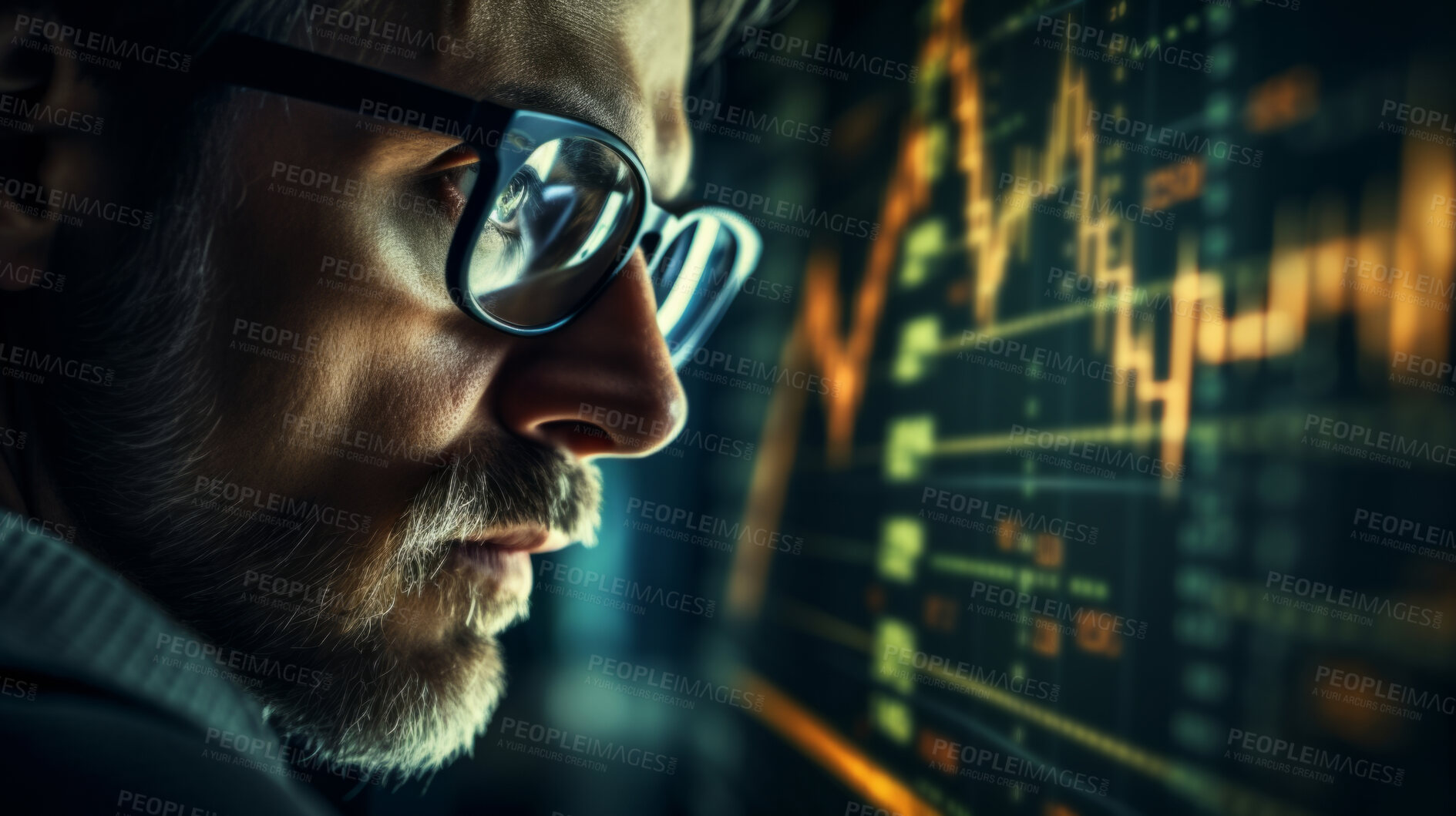 Buy stock photo Close up of stock market trader. Stock exchange hologram with dark background