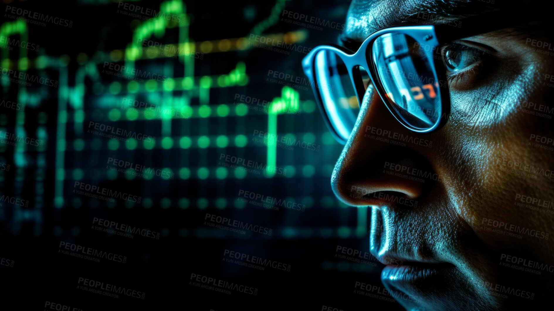 Buy stock photo Close up of stock market trader. Stock exchange hologram with dark background