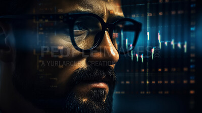 Close up of stock market trader. Stock exchange hologram with dark background