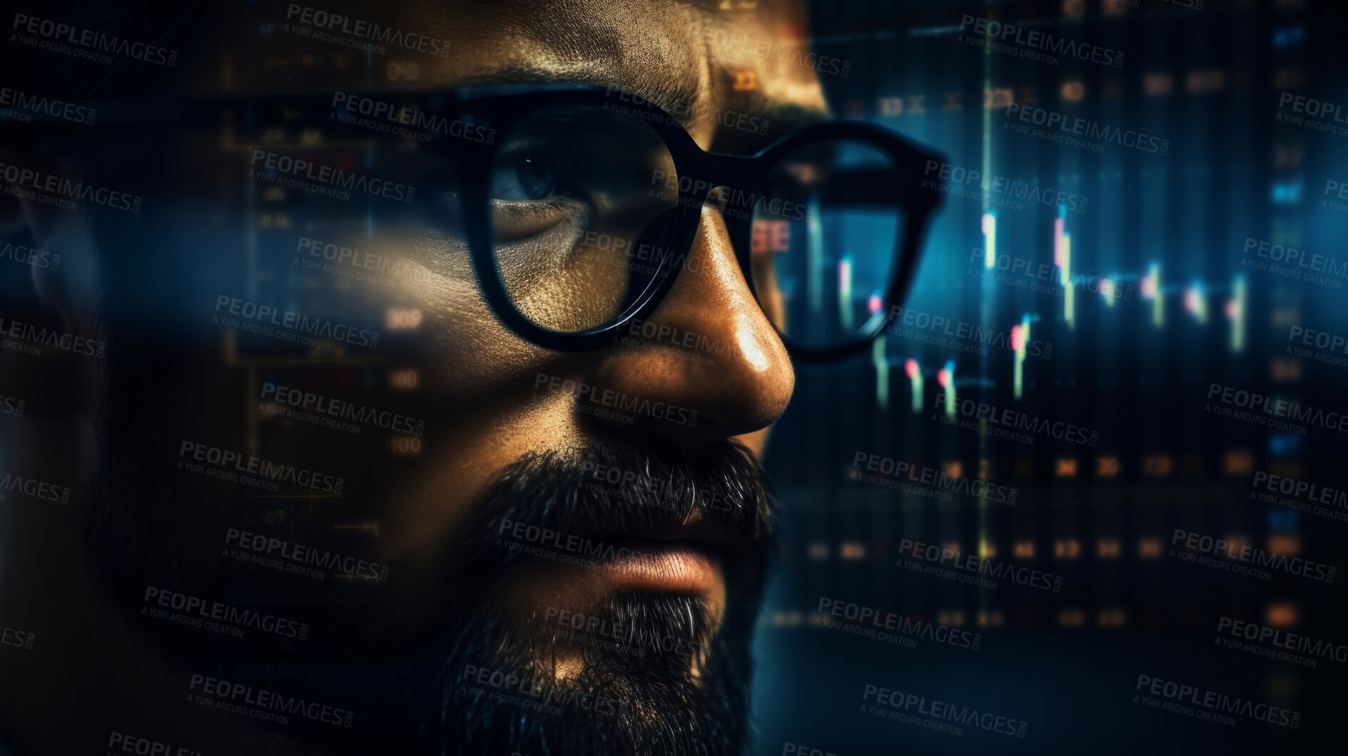 Buy stock photo Close up of stock market trader. Stock exchange hologram with dark background