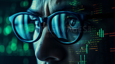 Close up of stock market trader. Stock exchange hologram with dark background