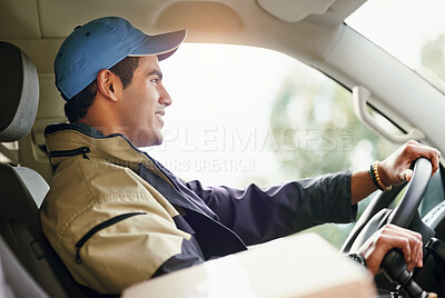 Buy stock photo Cropped shot of a delivery man driving in his van