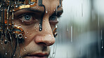 Close up of futuristic, robotic humanoid. Human face with mechanical sci-fi features.