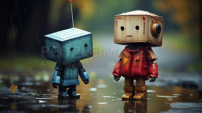 Portrait of vintage robots with real expressions. Standing in park on rainy day.