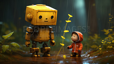 Buy stock photo Portrait of vintage robots with  real expressions. Standing in park on rainy day.