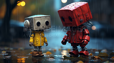 Portrait of vintage robots with real expressions. Standing in park on rainy night.