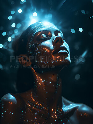 Buy stock photo Young robotic female in futuristic lightning and accessories.