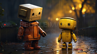 Portrait of vintage robots with real expressions. Standing in park on rainy night.