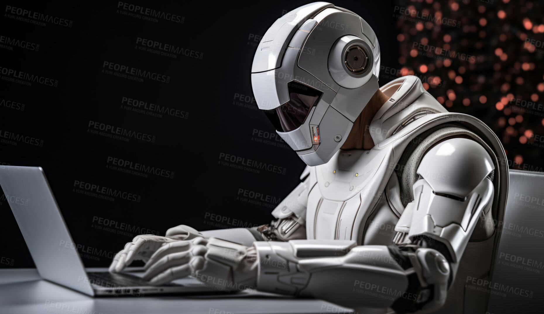 Buy stock photo Male Cyborg, robot sitting at table working on laptop. Futuristic human technology concept.
