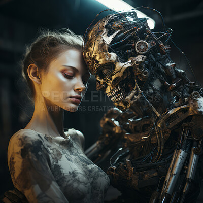 Robotic android holding human female. Futuristic love, man and machine.