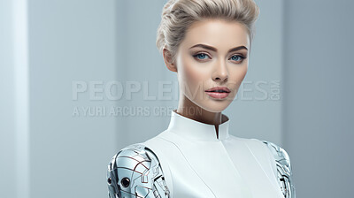 Buy stock photo Futuristic android, robot, portrait.Humanoid face on plain grey backdrop.
