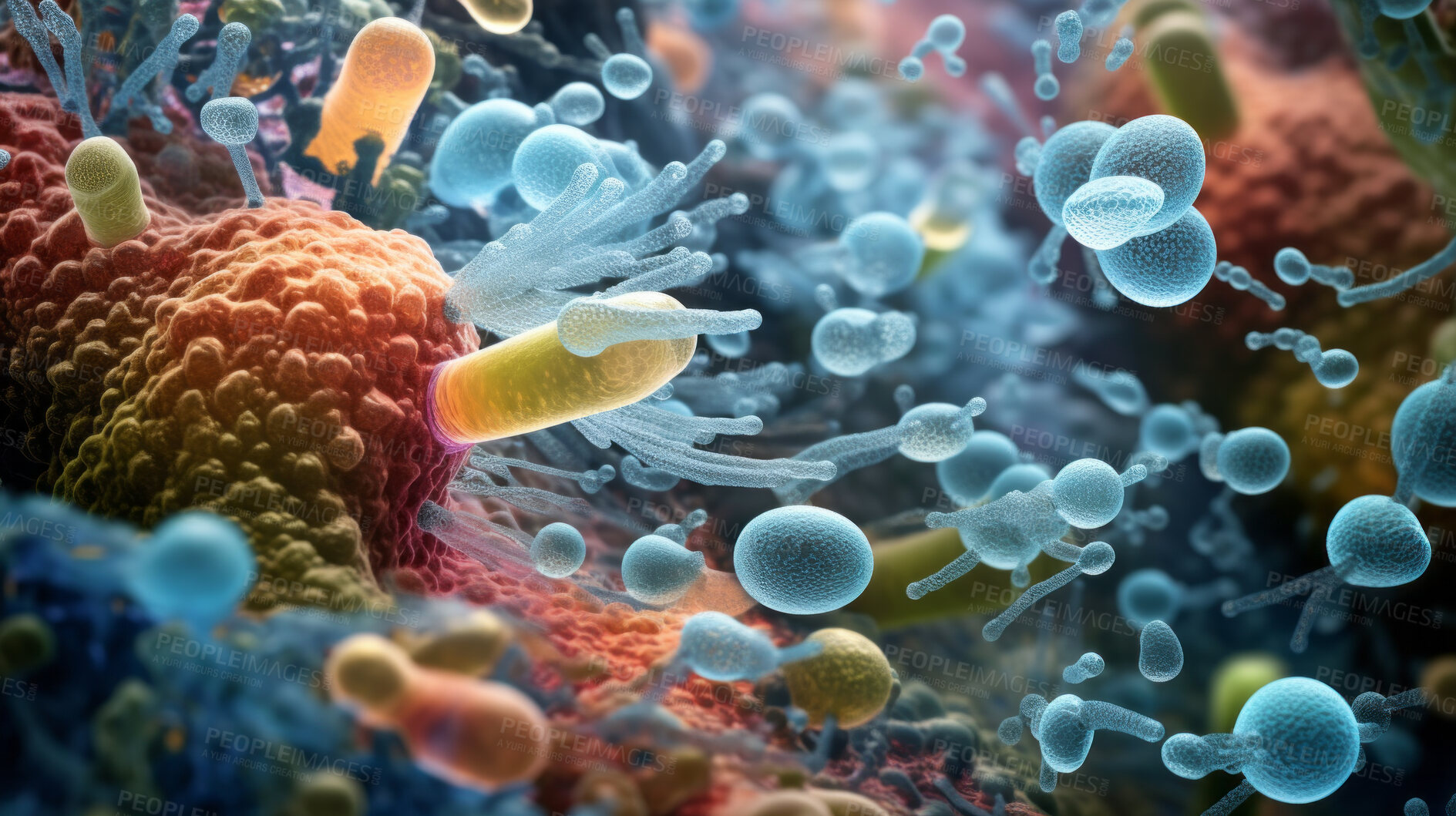 Buy stock photo Close up of bacteria and virus cells. Biology, Science medicine background