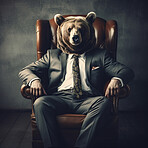 Bear market. Bear in business suit in chair. Finance and economy concept