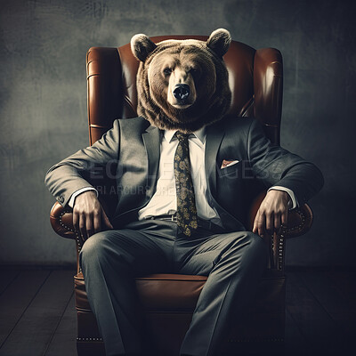 Bear market. Bear in business suit in chair. Finance and economy concept