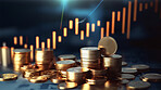 Stock market trading graph and candlestick chart with gold coins. Financial investment concept