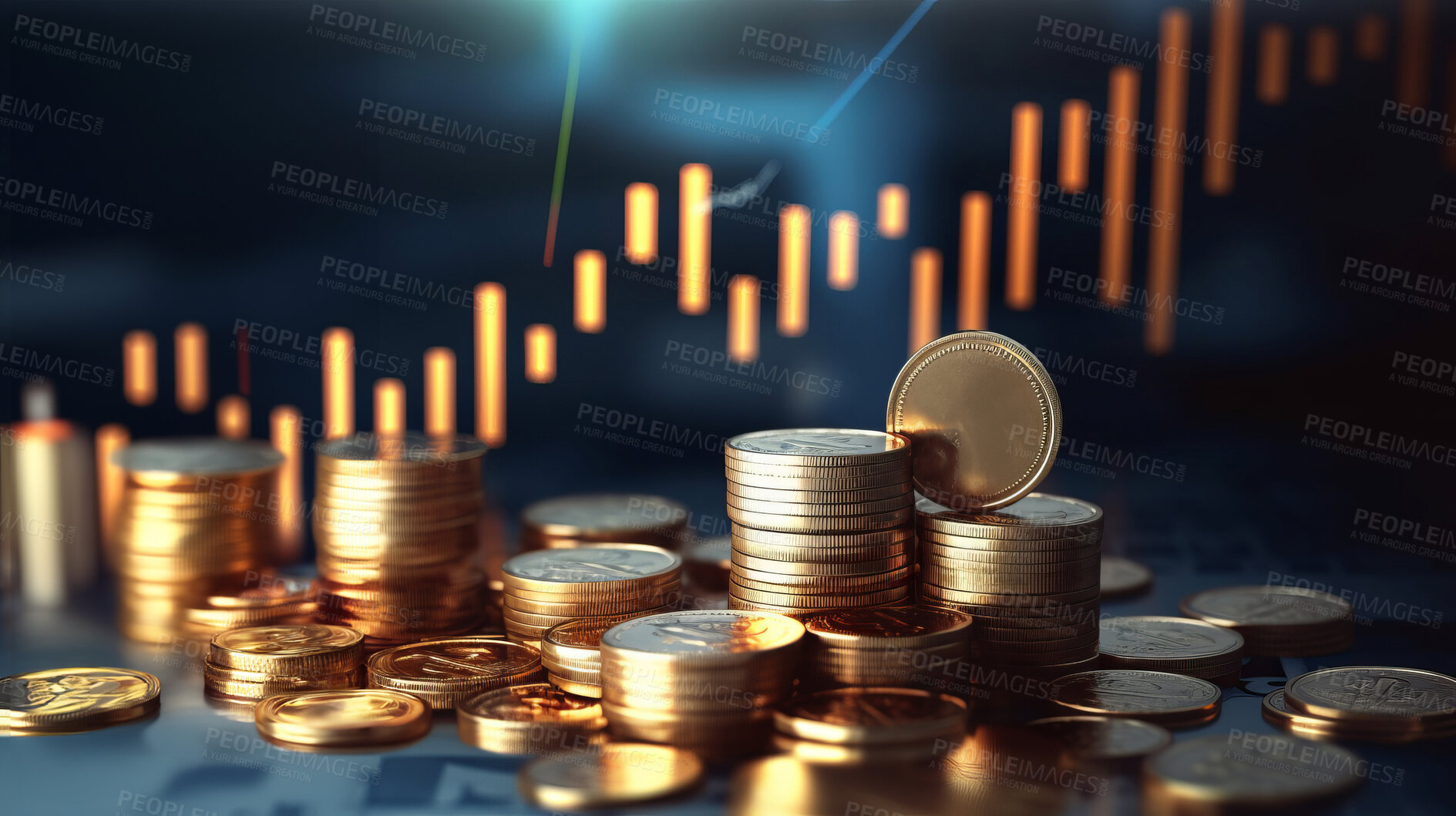 Buy stock photo Stock market trading graph and candlestick chart with gold coins. Financial investment concept