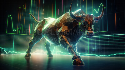 Bull on stock market exchange background. Financial technology concept.Wireframe illustration.