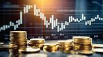 Stock market trading graph and candlestick chart with gold coins. Financial investment concept