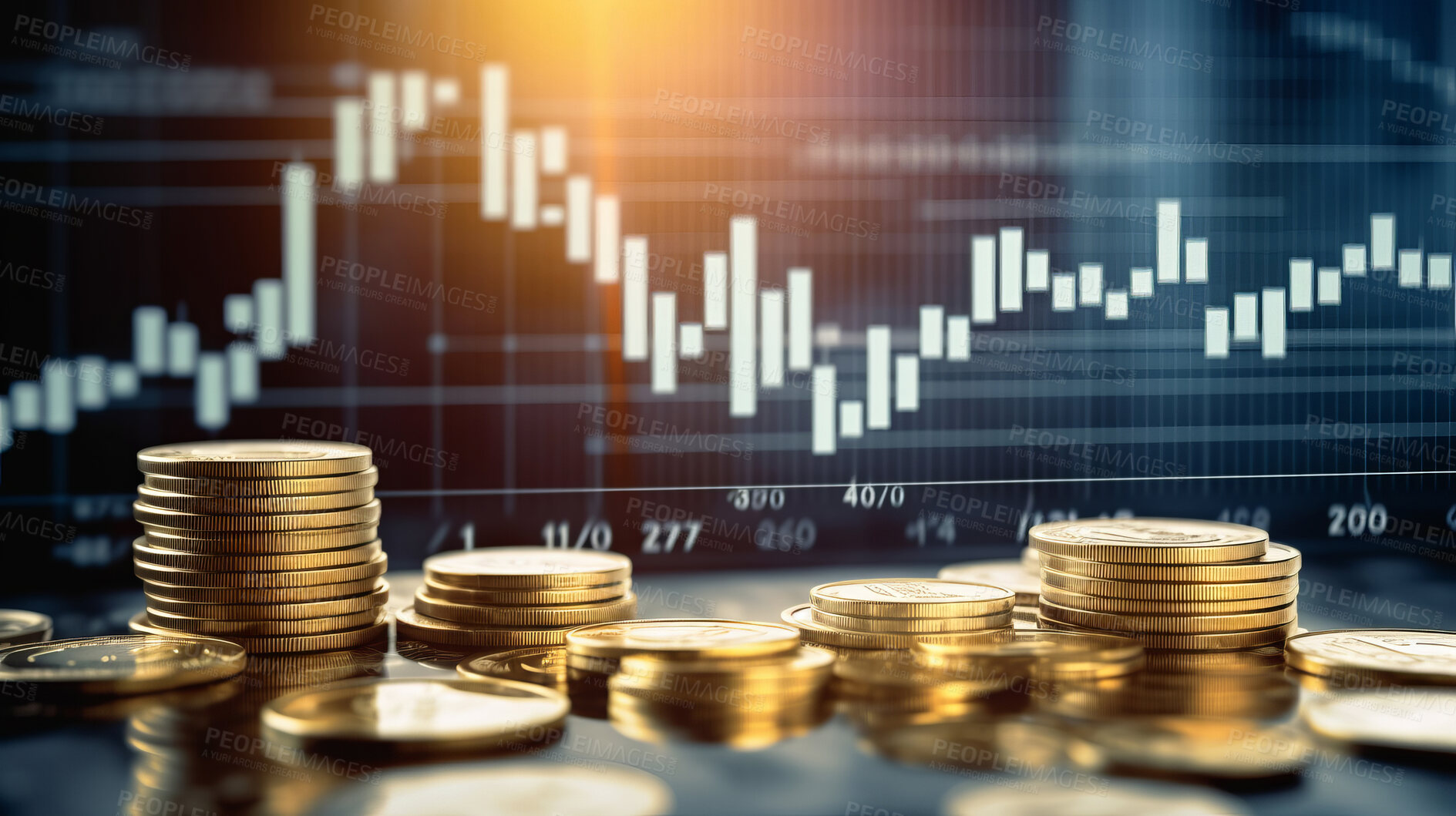 Buy stock photo Stock market trading graph and candlestick chart with gold coins. Financial investment concept